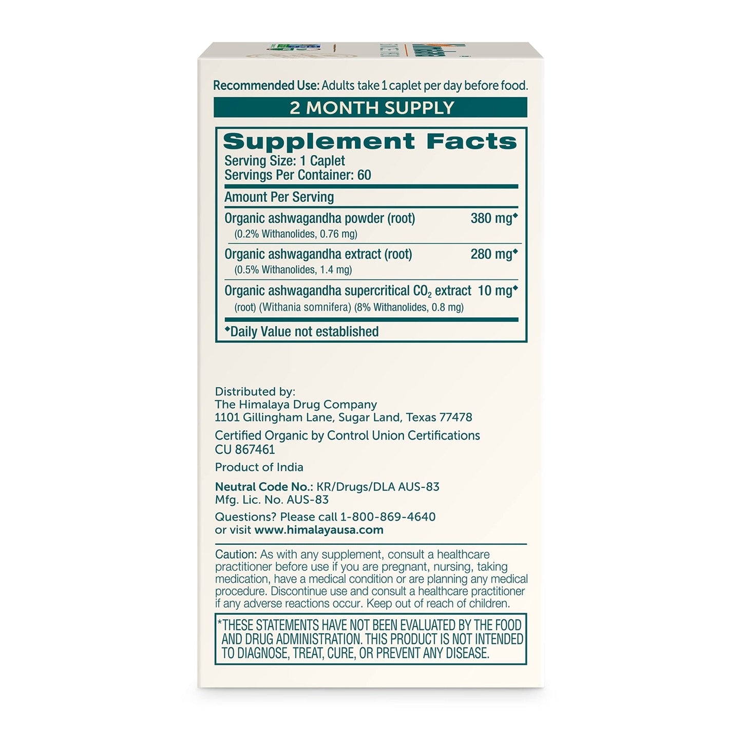 Himalaya Organic Ashwagandha Root - Adrenal Support, Stress Relief, Vegan, Non-GMO - 670 mg, 60 Caplets - Maple Wellness Supplements