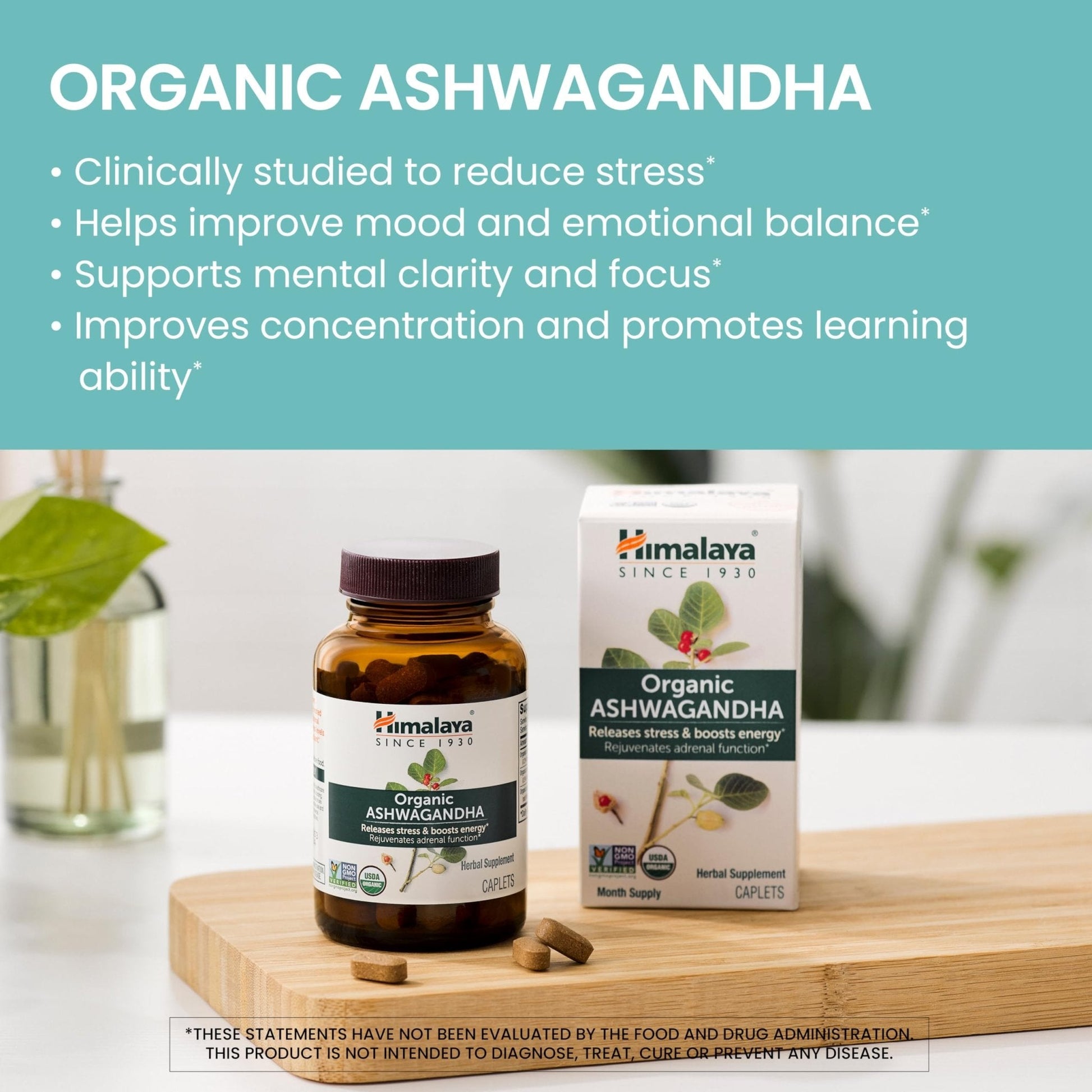 Himalaya Organic Ashwagandha Root - Adrenal Support, Stress Relief, Vegan, Non-GMO - 670 mg, 60 Caplets - Maple Wellness Supplements