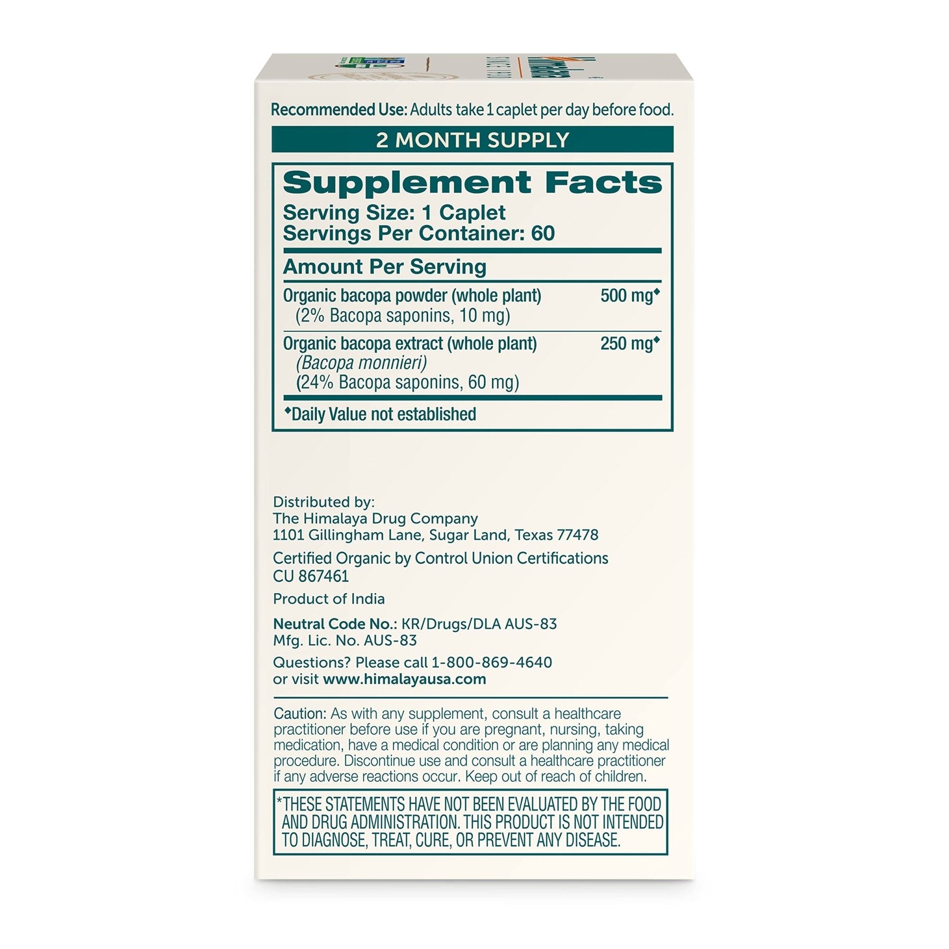 Himalaya Organic Bacopa Monnieri Nootropic Herbal Supplement, Supports Calm, Memory, Cognition, USDA Certified Organic, Non-GMO, 750 mg - Maple Wellness Supplements