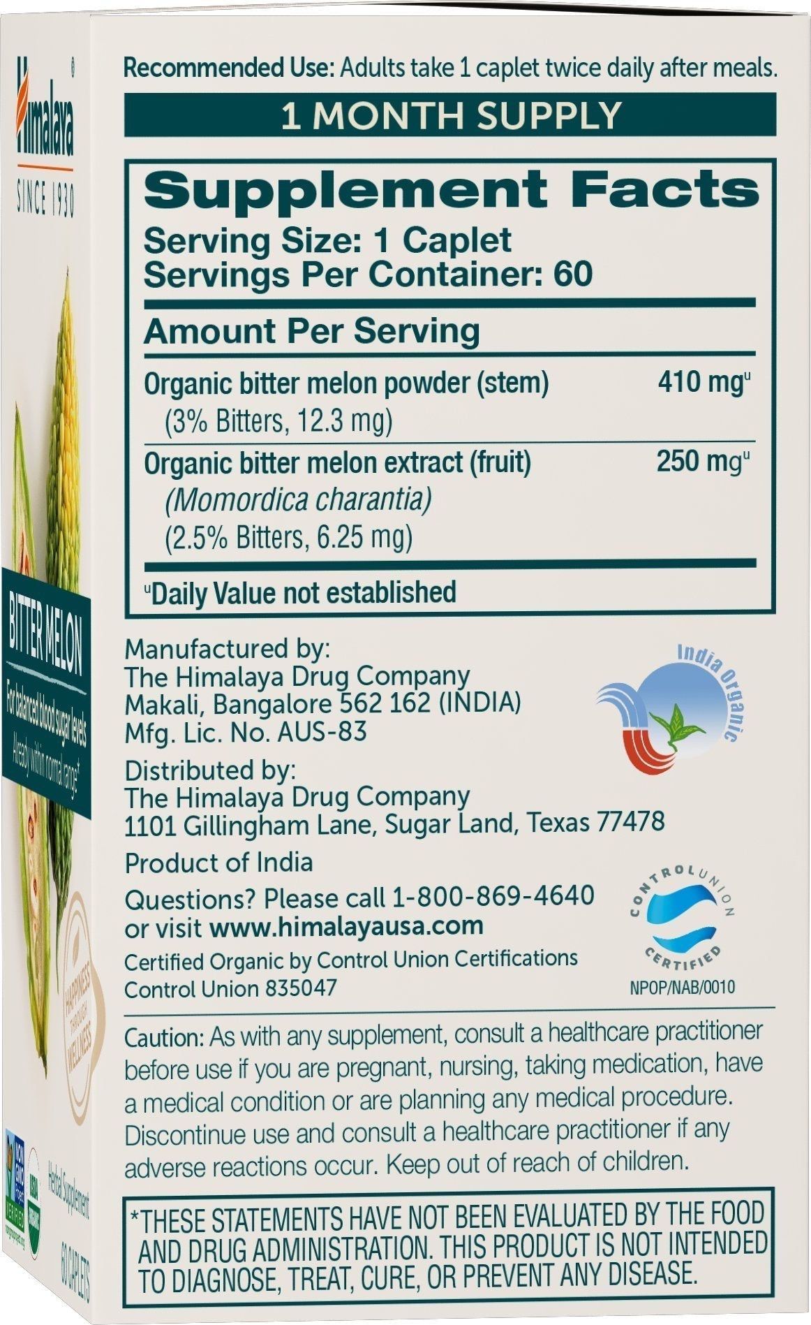 Himalaya Organic Bitter Melon - Herbal Glucose Metabolism Support - USDA Organic, Non-GMO, Vegan, Gluten Free - Maple Wellness Supplements
