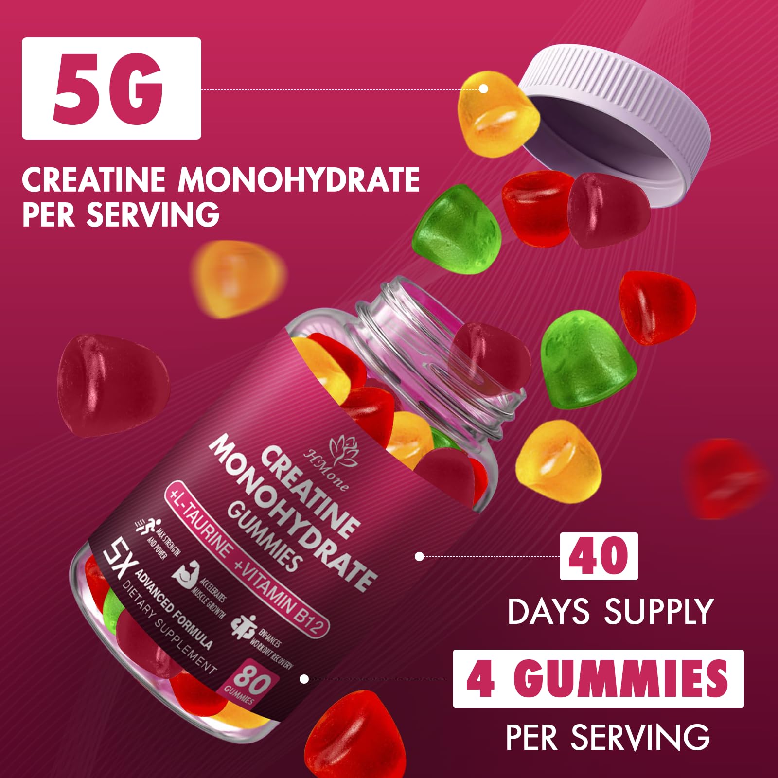 HMone Creatine Monohydrate Gummies - 5g for Men & Women, 160 Count and Creatine Chewable Supplements for Muscle Gain, Muscle Strength, Energy Boost - Maple Wellness Supplements
