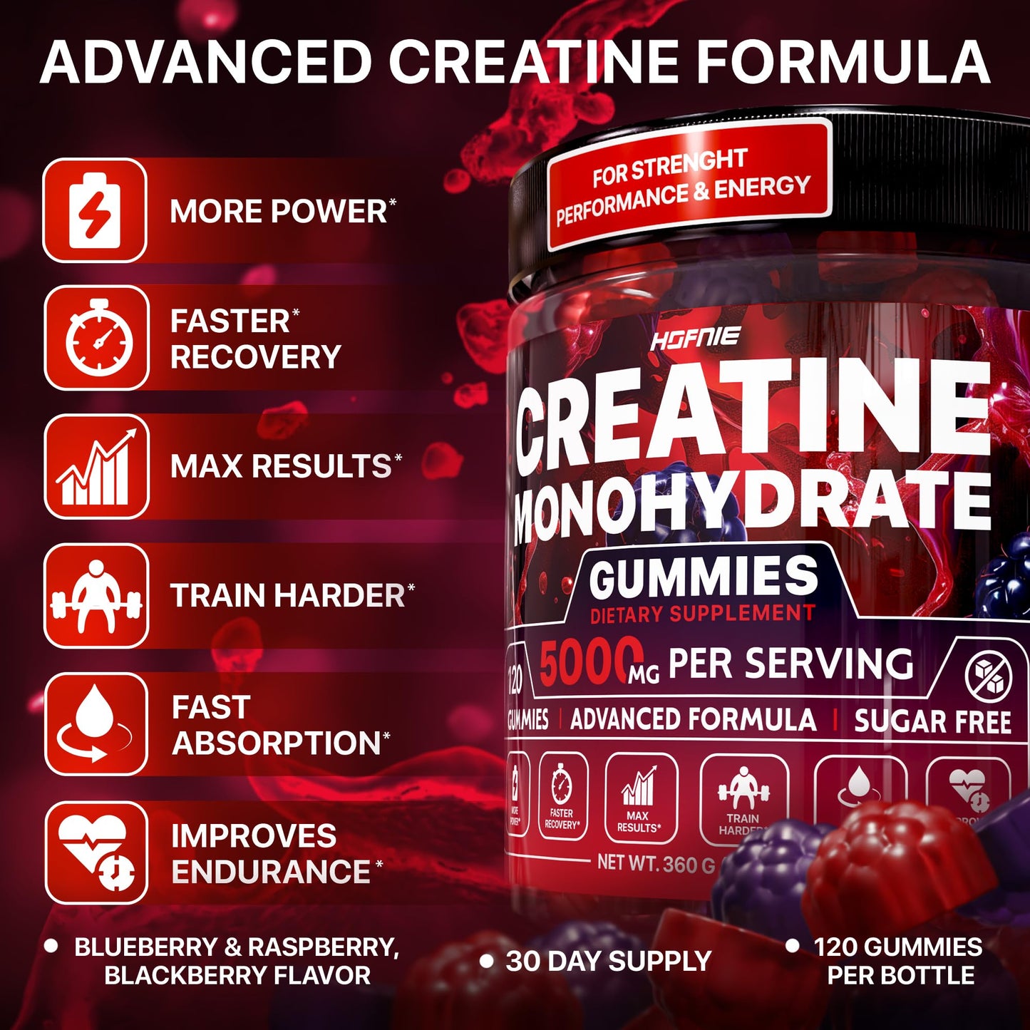 Hofnie Creatine Monohydrate Gummies 5000 mg – Vegan, Sugar-Free Pre Workout Creatine for Men & Women – Raspberry & BlackBerry Flavored Chewable Creatine Monohydrate, 120 Gummies (30-Day Supply) - Maple Wellness Supplements