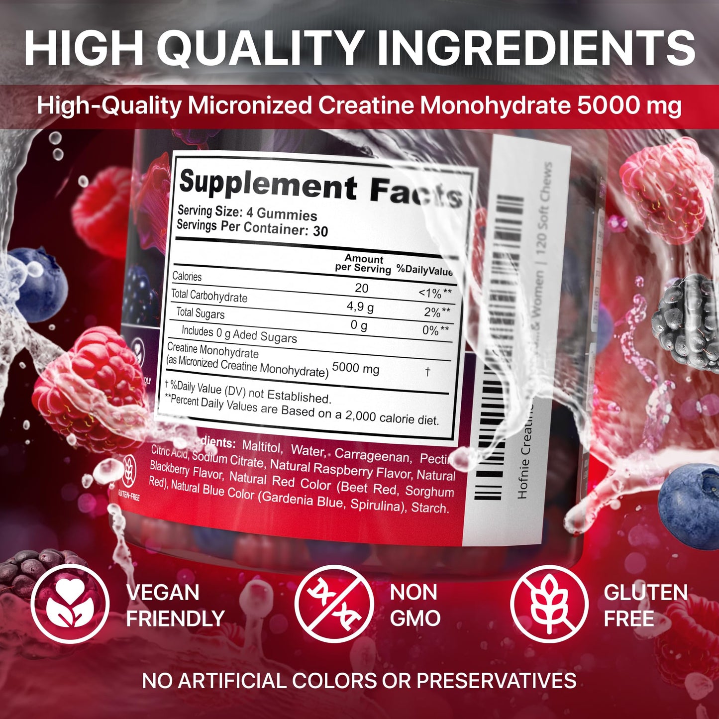 Hofnie Creatine Monohydrate Gummies 5000 mg – Vegan, Sugar-Free Pre Workout Creatine for Men & Women – Raspberry & BlackBerry Flavored Chewable Creatine Monohydrate, 120 Gummies (30-Day Supply) - Maple Wellness Supplements