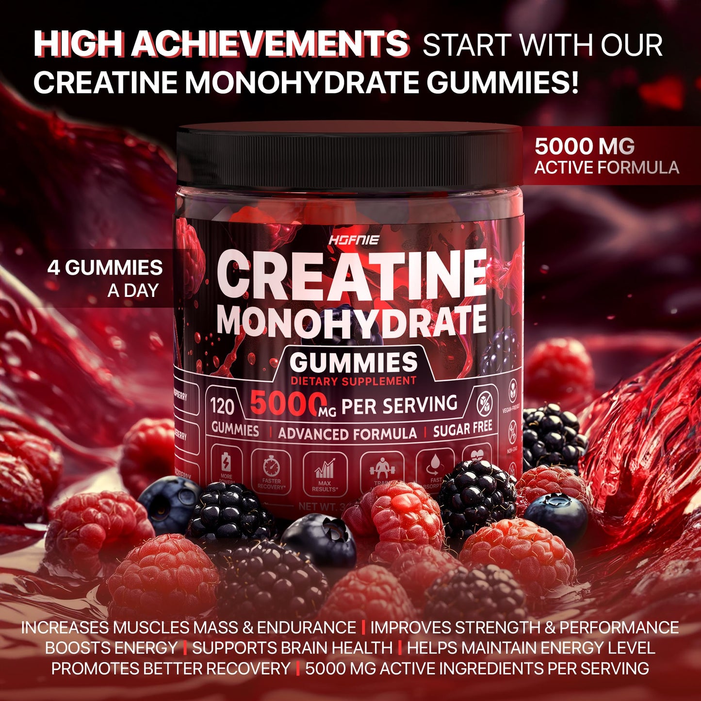 Hofnie Creatine Monohydrate Gummies 5000 mg – Vegan, Sugar-Free Pre Workout Creatine for Men & Women – Raspberry & BlackBerry Flavored Chewable Creatine Monohydrate, 120 Gummies (30-Day Supply) - Maple Wellness Supplements