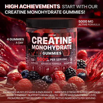 Hofnie Creatine Monohydrate Gummies 5000 mg – Vegan, Sugar-Free Pre Workout Creatine for Men & Women – Raspberry & BlackBerry Flavored Chewable Creatine Monohydrate, 120 Gummies (30-Day Supply) - Maple Wellness Supplements