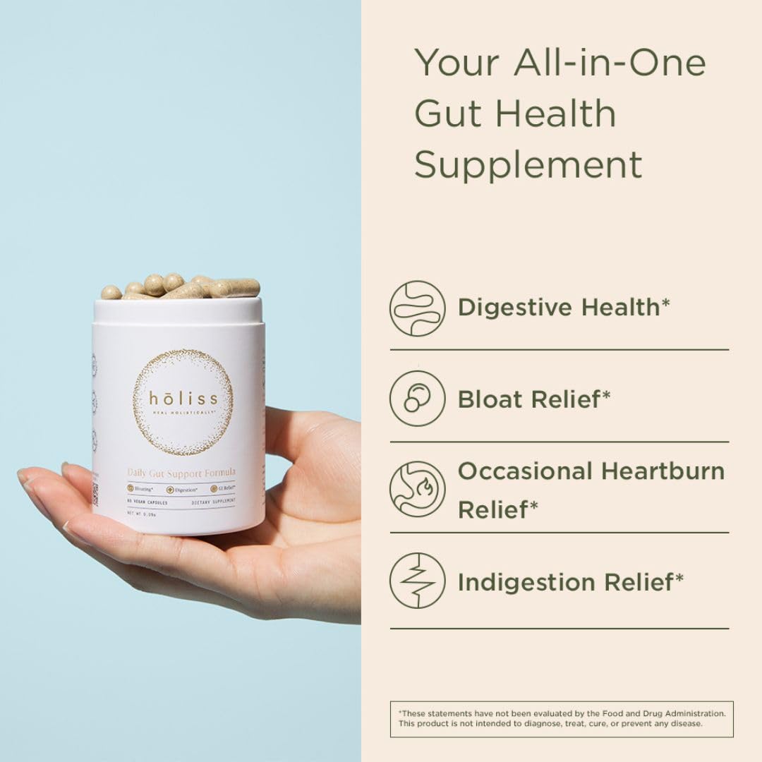 HOLISS Daily Gut Health Capsules – 8-in-1 All Natural Supplement, Lemon Balm, Bloat & Gas Relief, GI Lining Repair, - Maple Wellness Supplements