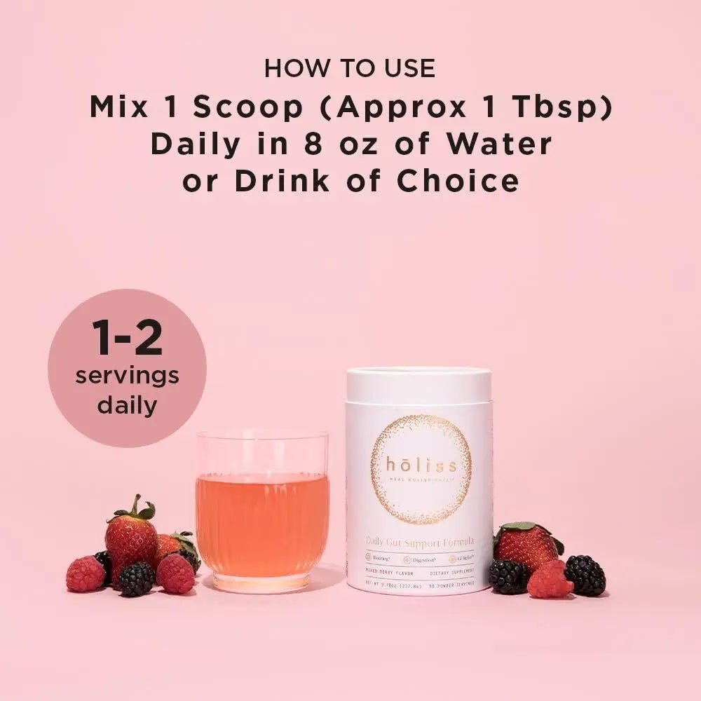 HOLISS Daily Gut Health Kit – 6-in-1 All Natural Supplement, Bloat & Gas Aid, GI Lining Repair, IBS Support – Lemon Balm, L-Glutamine, PepZinGI, Mixed Berry, 30 Servings, Electric Mixer & Spoon - Maple Wellness Supplements