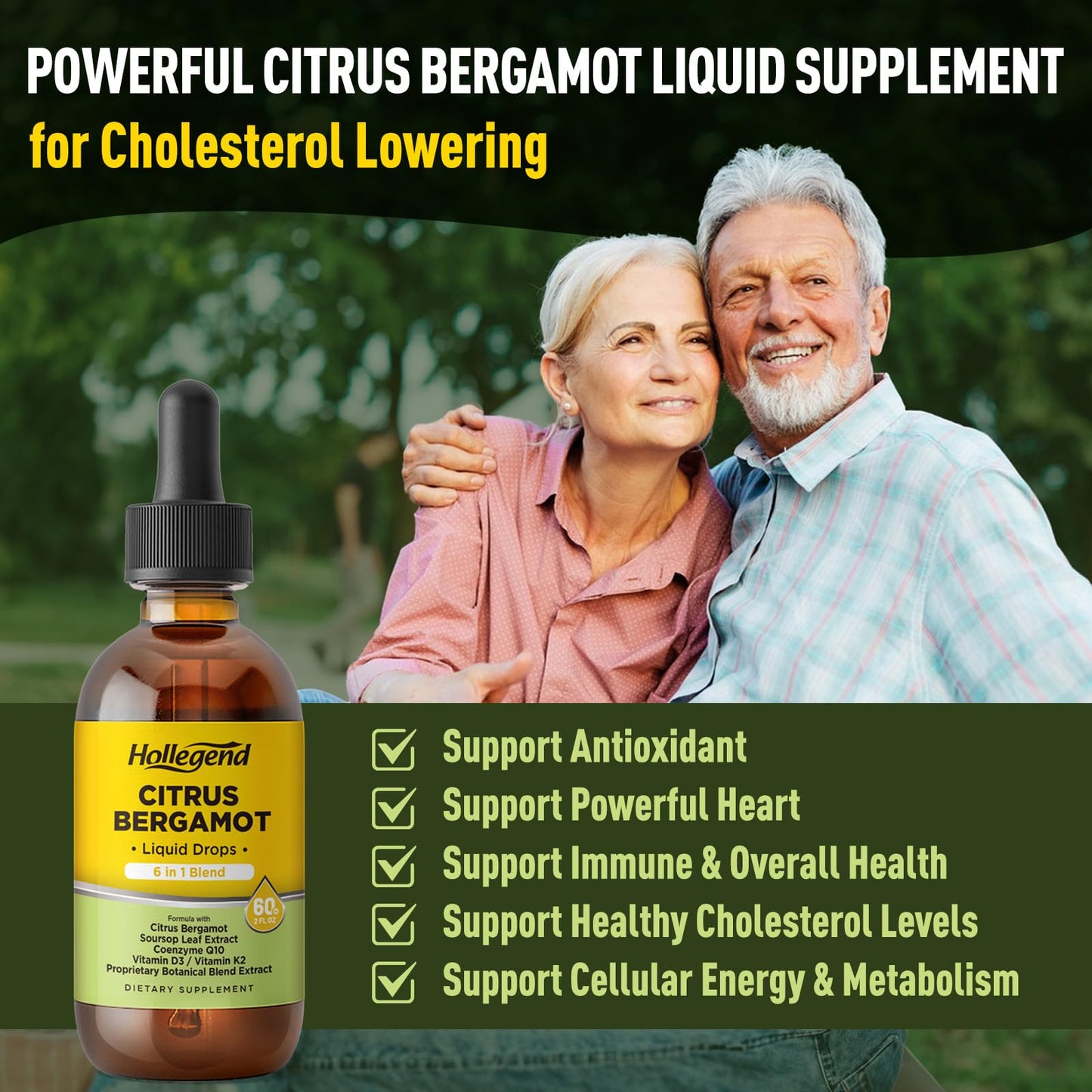 HOLLEGEND Citrus Bergamot Liquid Drops, Organic Citrus Bergamot 1000mg Supplement, Plus Soursop, CoQ10, Vitamin D3, K2, - Maple Wellness Supplements