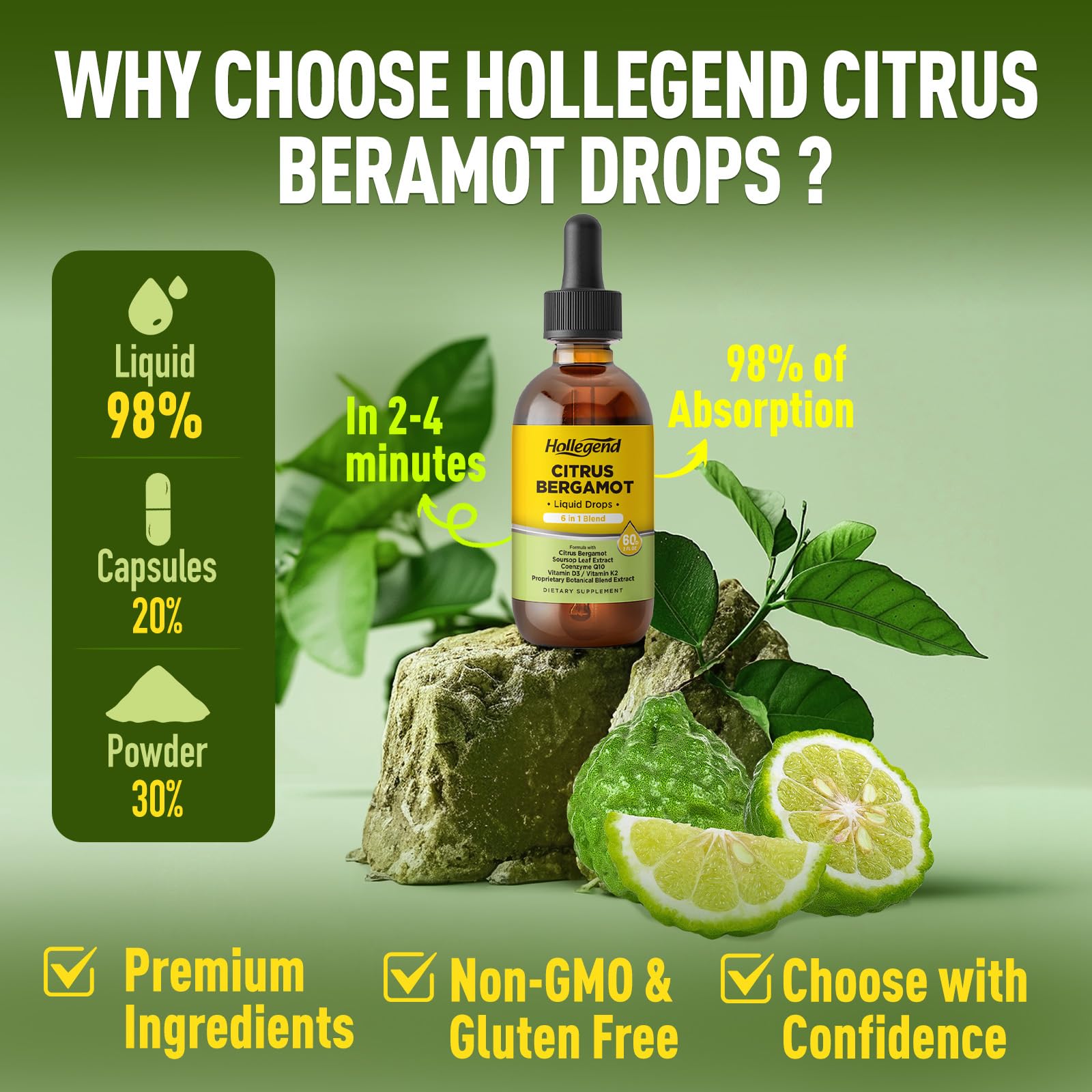 HOLLEGEND Citrus Bergamot Liquid Drops, Organic Citrus Bergamot 1000mg Supplement, Plus Soursop, CoQ10, Vitamin D3, K2, - Maple Wellness Supplements