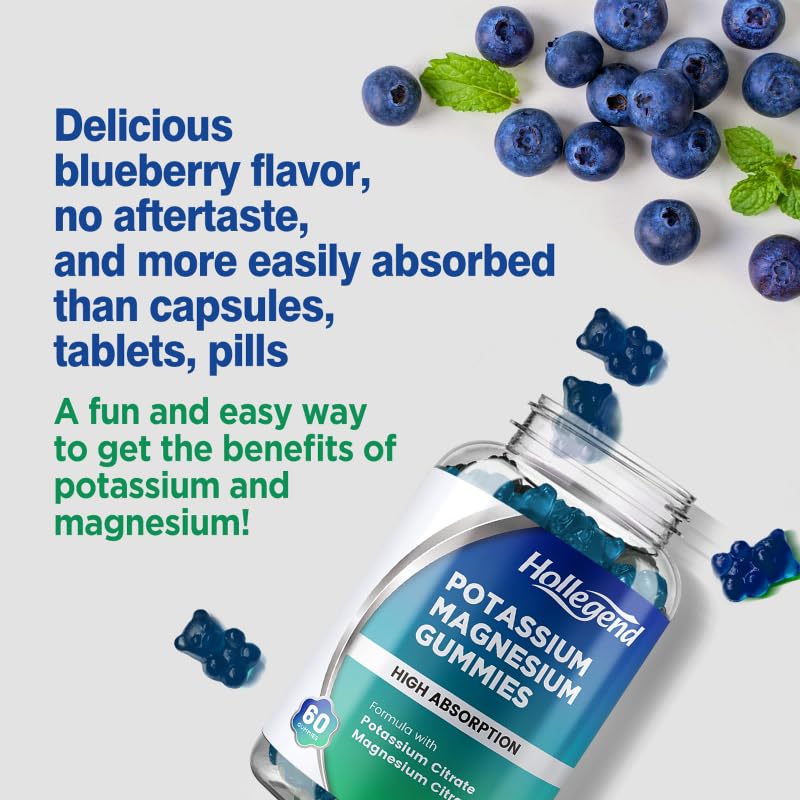 HOLLEGEND Potassium Magnesium Gummies, High Absorption Potassium Citrate 99mg Magnesium Citrate 180mg, Chewable Gummy Supplements for Leg Cramps & Muscle, 60 Count - Maple Wellness Supplements