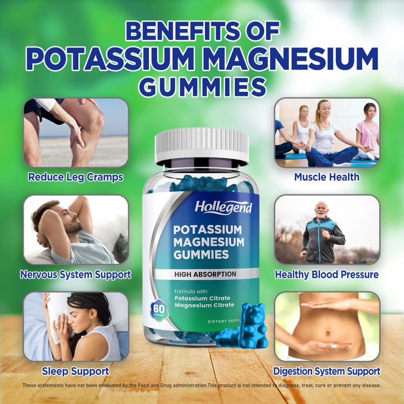 HOLLEGEND Potassium Magnesium Gummies, High Absorption Potassium Citrate 99mg Magnesium Citrate 180mg, Chewable Gummy Supplements for Leg Cramps & Muscle, 60 Count - Maple Wellness Supplements