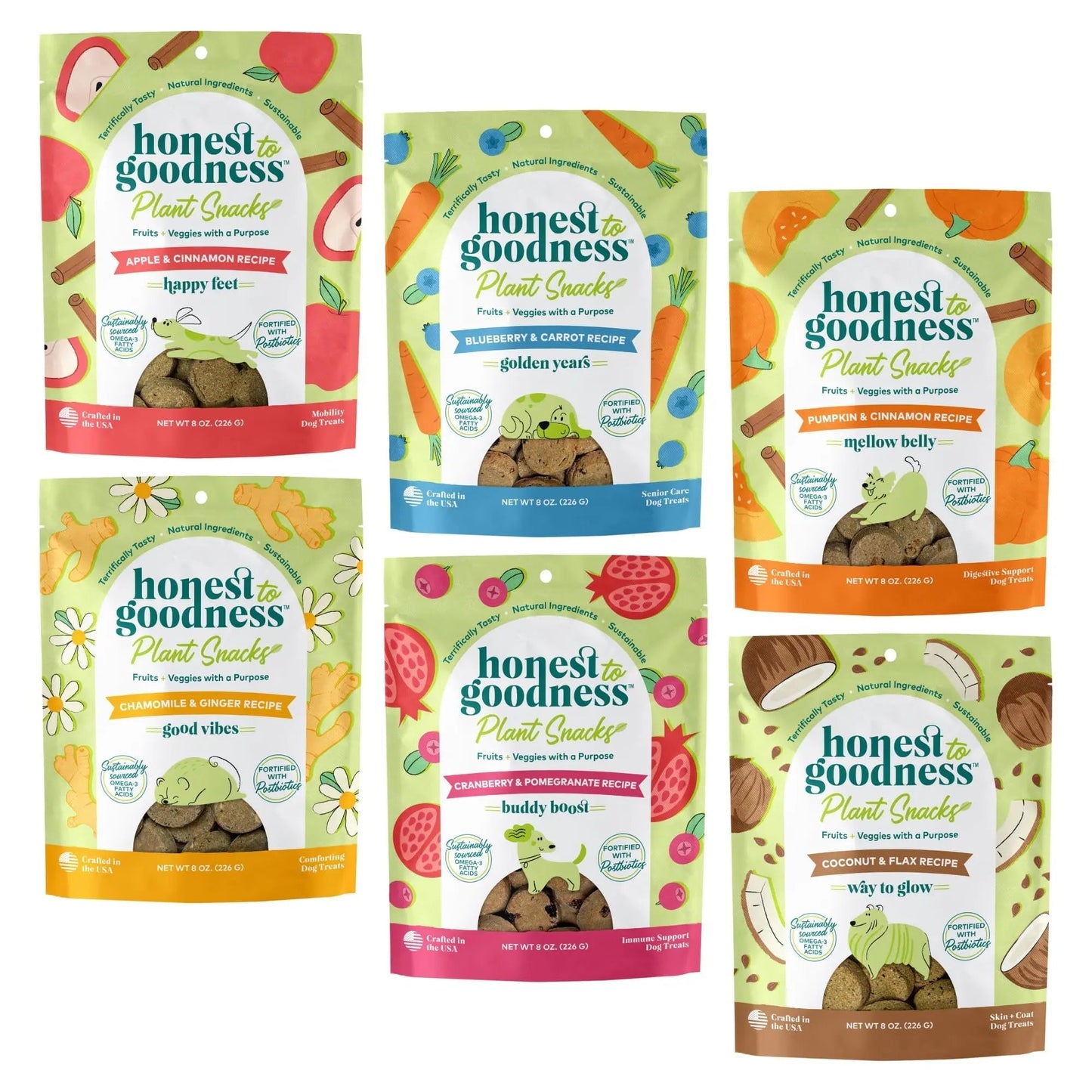 Honest to Goodness Plant Snacks Dog Treats, Enriched with Omega 3s & Postbiotics, 8oz Variety Pack, 6 Bags - Maple Wellness Supplements