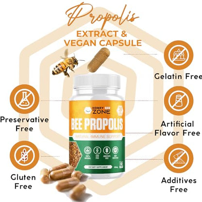 HONEYBEEZONE-Bee Propolis Capsules – 100% Natural Energy and Immune Support Supplement | Non-GMO, Gluten-Free, 60 Easy-to-Swallow Veggie Capsules - Maple Wellness Supplements