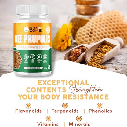 HONEYBEEZONE-Bee Propolis Capsules – 100% Natural Energy and Immune Support Supplement | Non-GMO, Gluten-Free, 60 Easy-to-Swallow Veggie Capsules - Maple Wellness Supplements