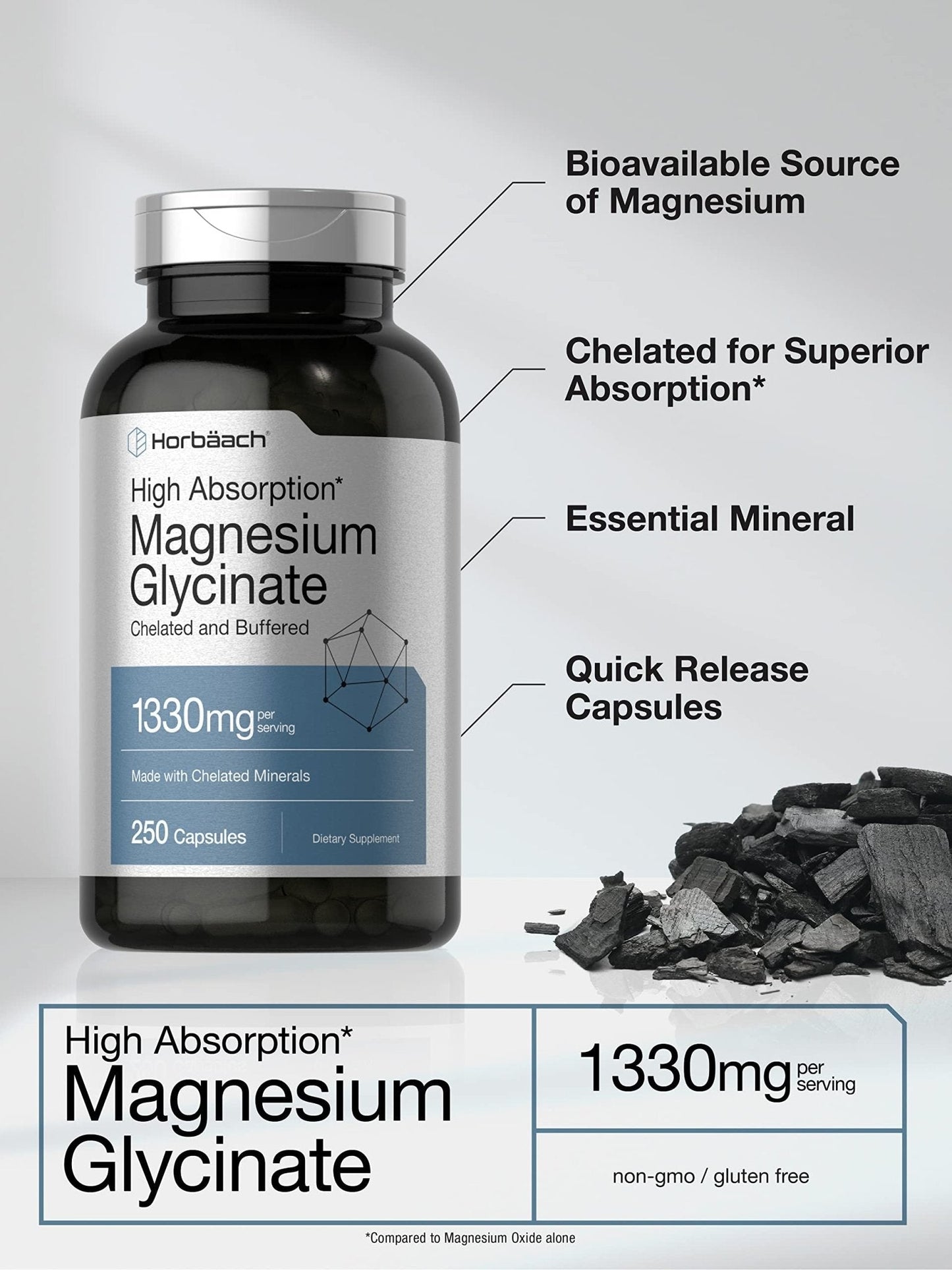 Horbaach Magnesium Glycinate 1330mg | 250 Capsules | Buffered with Chelated Minerals | 240 mg per Serving | Non-GMO, Gluten Free Supplement - Maple Wellness Supplements