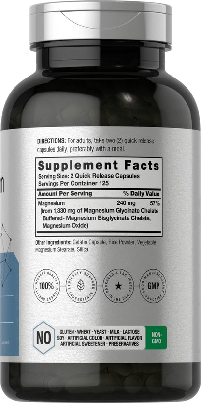 Horbaach Magnesium Glycinate 1330mg | 250 Capsules | Buffered with Chelated Minerals | 240 mg per Serving | Non-GMO, Gluten Free Supplement - Maple Wellness Supplements