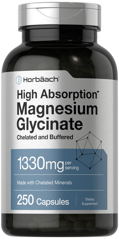 Horbaach Magnesium Glycinate 1330mg | 250 Capsules | Buffered with Chelated Minerals | 240 mg per Serving | Non-GMO, Gluten Free Supplement - Maple Wellness Supplements