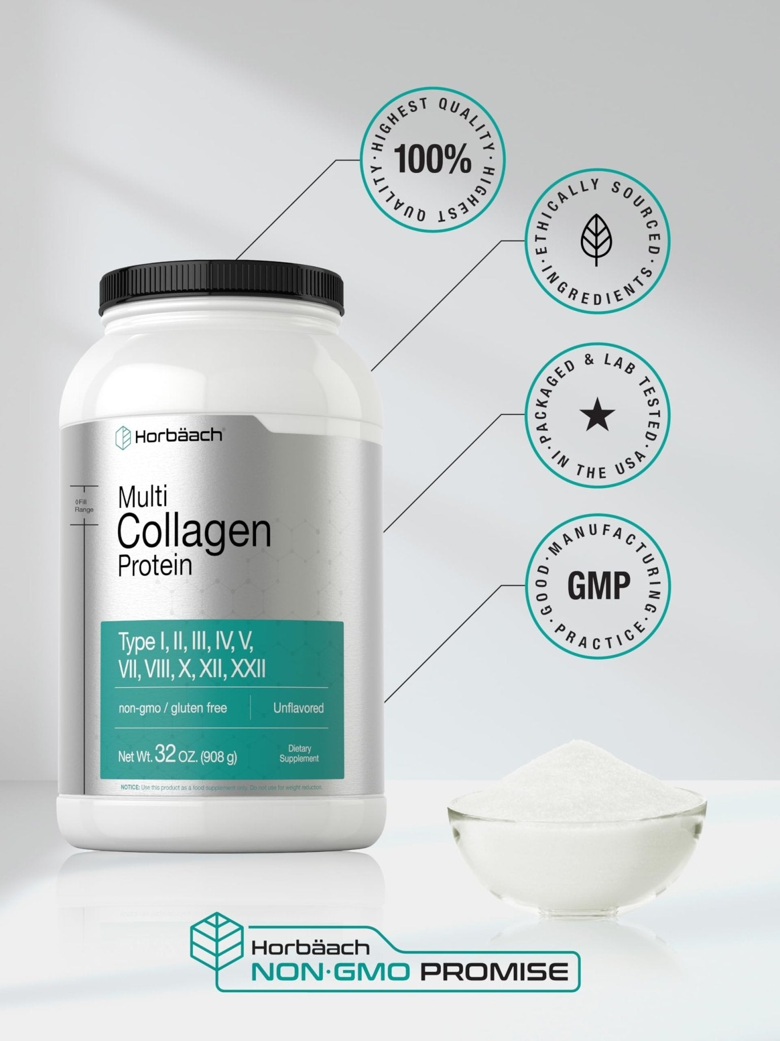 Horbaach Multi Collagen Protein Powder 32 oz | Types I, II, III, IV, V, VII, VIII, X, XII, and XXII | Grassfed Collagen Peptides - Maple Wellness Supplements