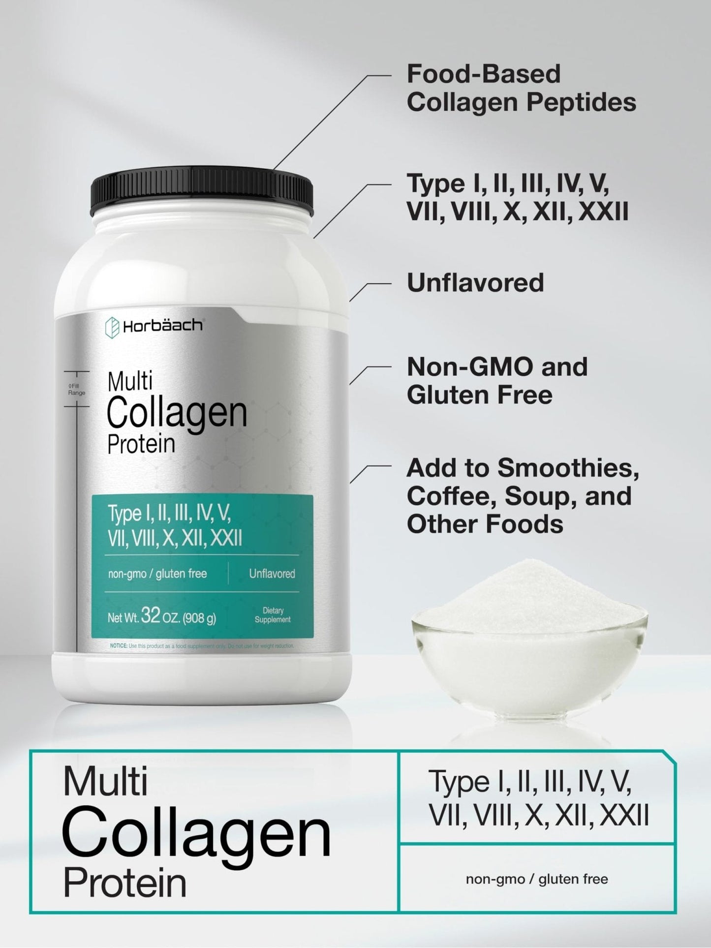 Horbaach Multi Collagen Protein Powder 32 oz | Types I, II, III, IV, V, VII, VIII, X, XII, and XXII | Grassfed Collagen Peptides - Maple Wellness Supplements