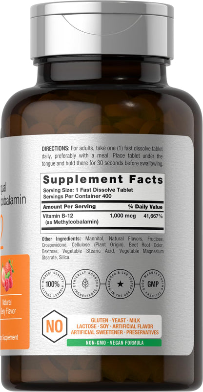 Horbaach Vitamin B12 1000 mcg Sublingual | 400 Fast Dissolve Tablets | Methylcobalamin Supplement for Women and Men - Maple Wellness Supplements