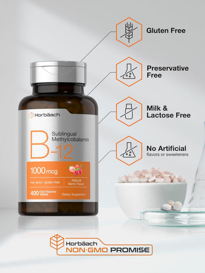 Horbaach Vitamin B12 1000 mcg Sublingual | 400 Fast Dissolve Tablets | Methylcobalamin Supplement for Women and Men - Maple Wellness Supplements