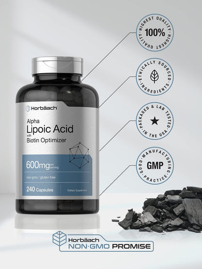 Horbäach Alpha Lipoic Acid 600mg | 240 Capsules | with Biotin Optimizer | Non-GMO and Gluten Free Supplement - Maple Wellness Supplements