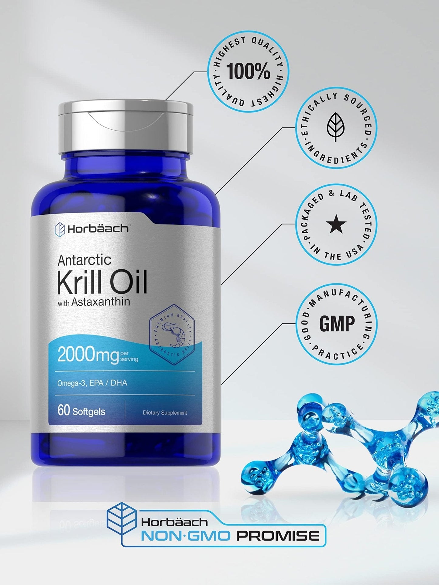 Horbäach Antarctic Krill Oil 2000mg | 60 Softgel Capsules | Omega-3, EPA, DHA Supplemen - Maple Wellness Supplements