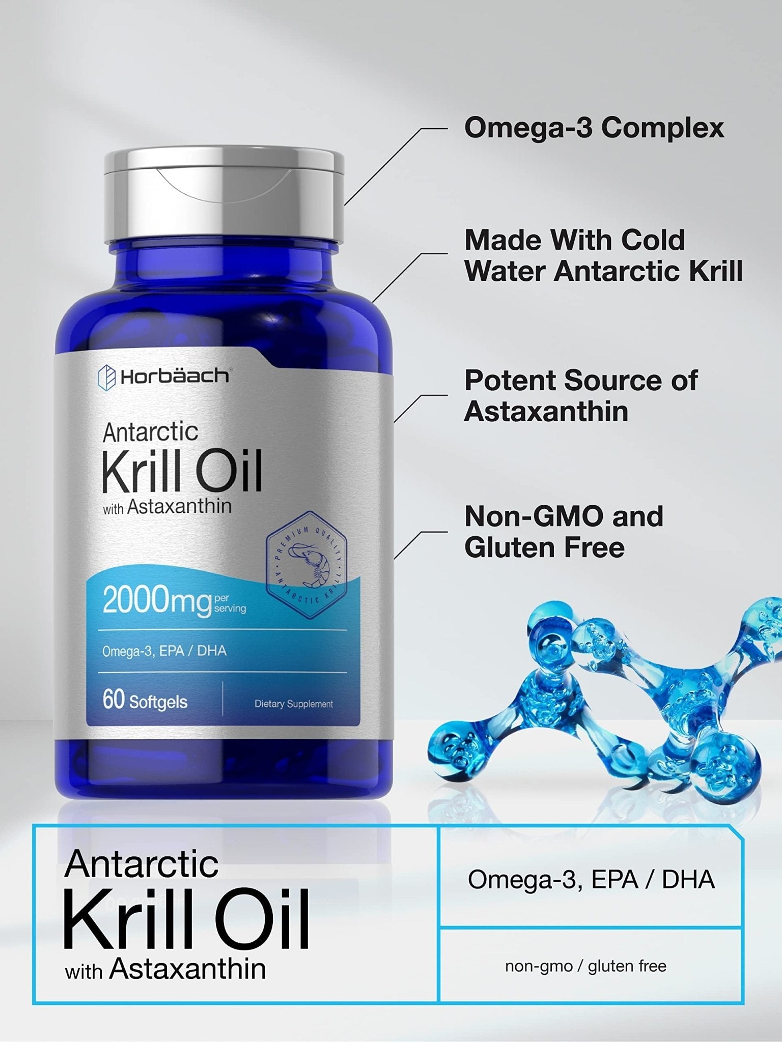 Horbäach Antarctic Krill Oil 2000mg | 60 Softgel Capsules | Omega-3, EPA, DHA Supplemen - Maple Wellness Supplements