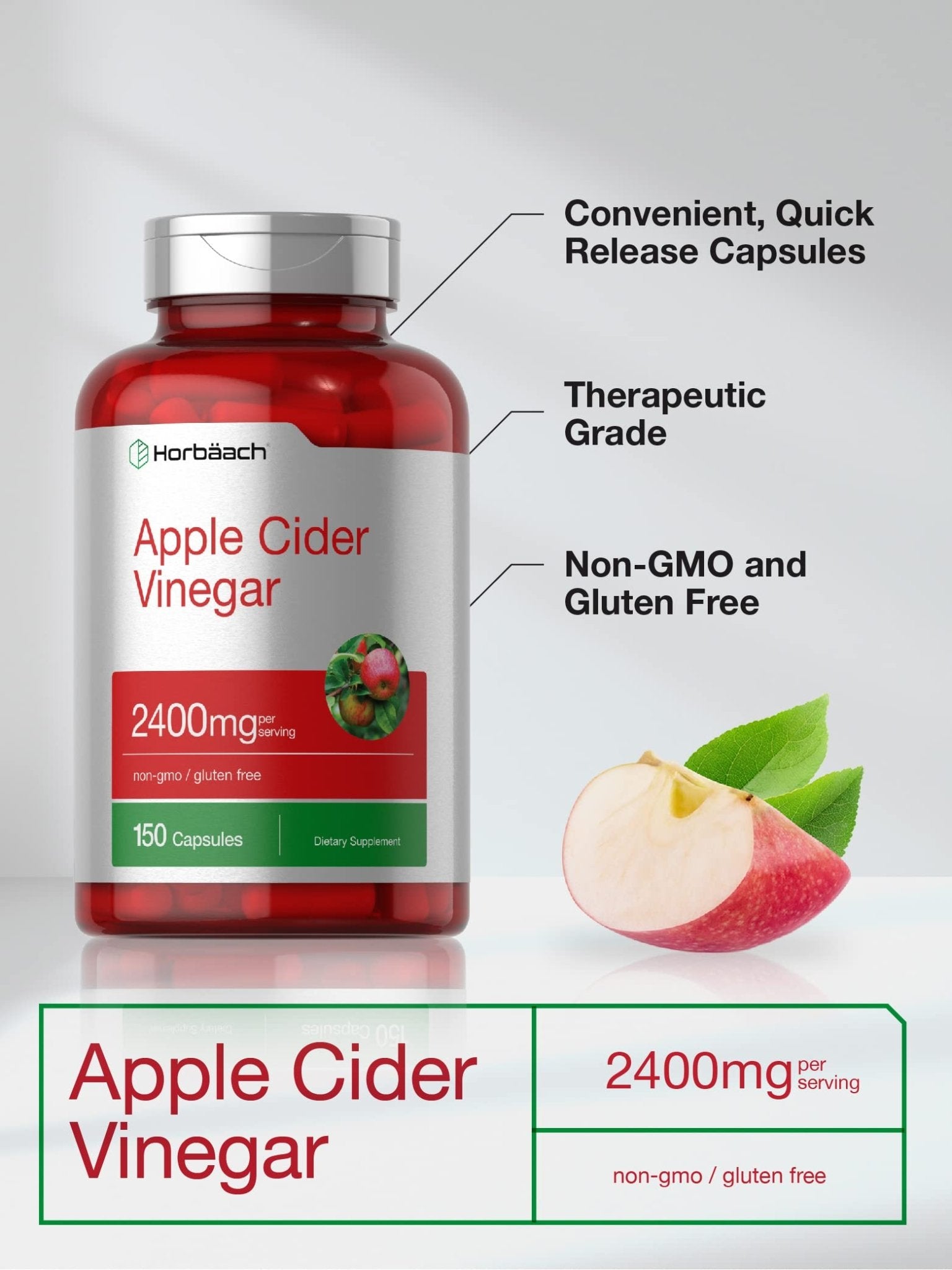Horbäach Apple Cider Vinegar Capsules | 2400mg | 150 Count | Non-GMO, Gluten Free Supplement - Maple Wellness Supplements