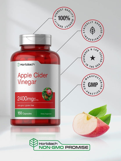 Horbäach Apple Cider Vinegar Capsules | 2400mg | 150 Count | Non-GMO, Gluten Free Supplement - Maple Wellness Supplements