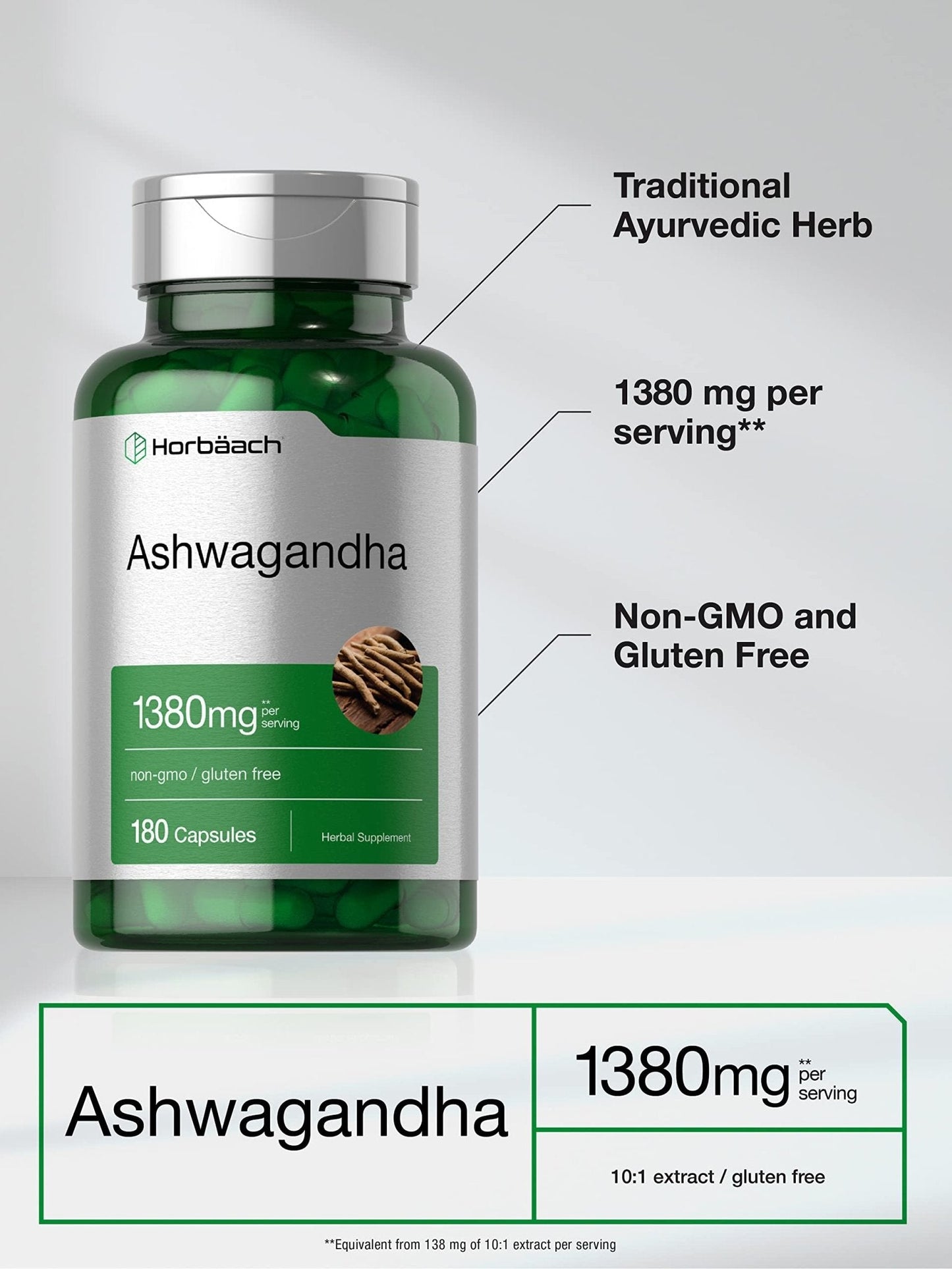 Horbäach Ashwagandha Root Supplement | 180 Capsules | for Women and Men | Herbal Extract | Non-GMO, Gluten Free - Maple Wellness Supplements