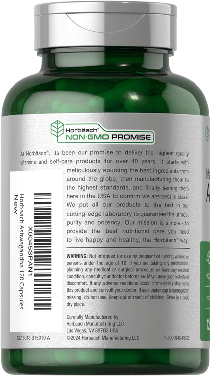 Horbäach Ashwagandha Supplement | Max Strength | 120 Capsules | Non-GMO, Gluten Free - Maple Wellness Supplements