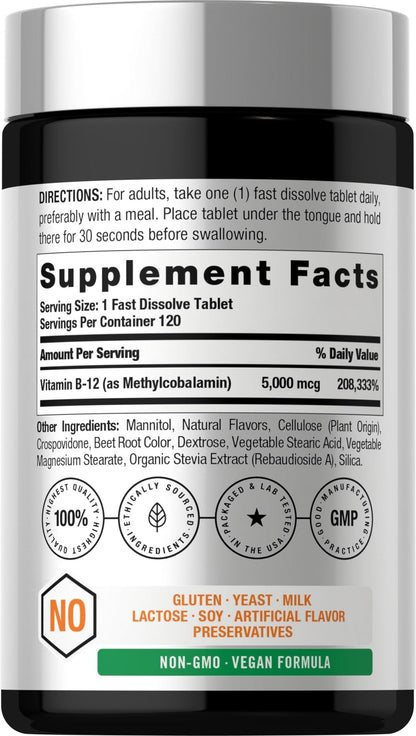 Horbäach B12 Vitamin 5000 mcg | 120 Fast Dissolve Tablets | Sublingual Methylcobalamin | Natural Berry Flavor | Vegan, Non-GMO - Maple Wellness Supplements