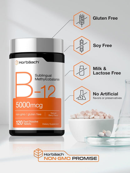 Horbäach B12 Vitamin 5000 mcg | 120 Fast Dissolve Tablets | Sublingual Methylcobalamin | Natural Berry Flavor | Vegan, Non-GMO - Maple Wellness Supplements