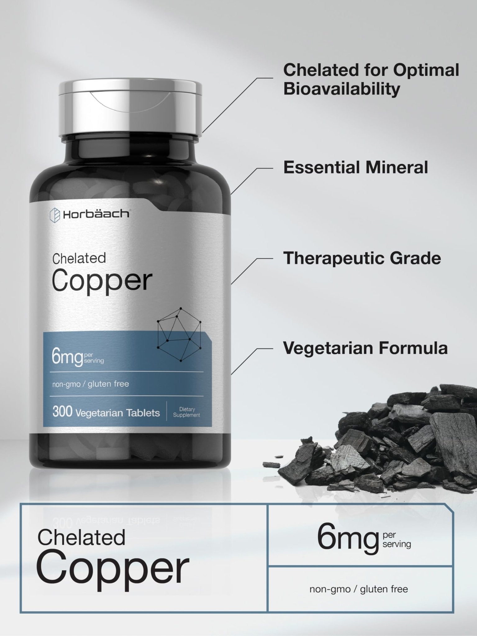 Horbäach Chelated Copper Supplement 6mg | 300 Tablets | Essential Trace Mineral | Vegetarian, Non-GMO, Gluten Free - Maple Wellness Supplements