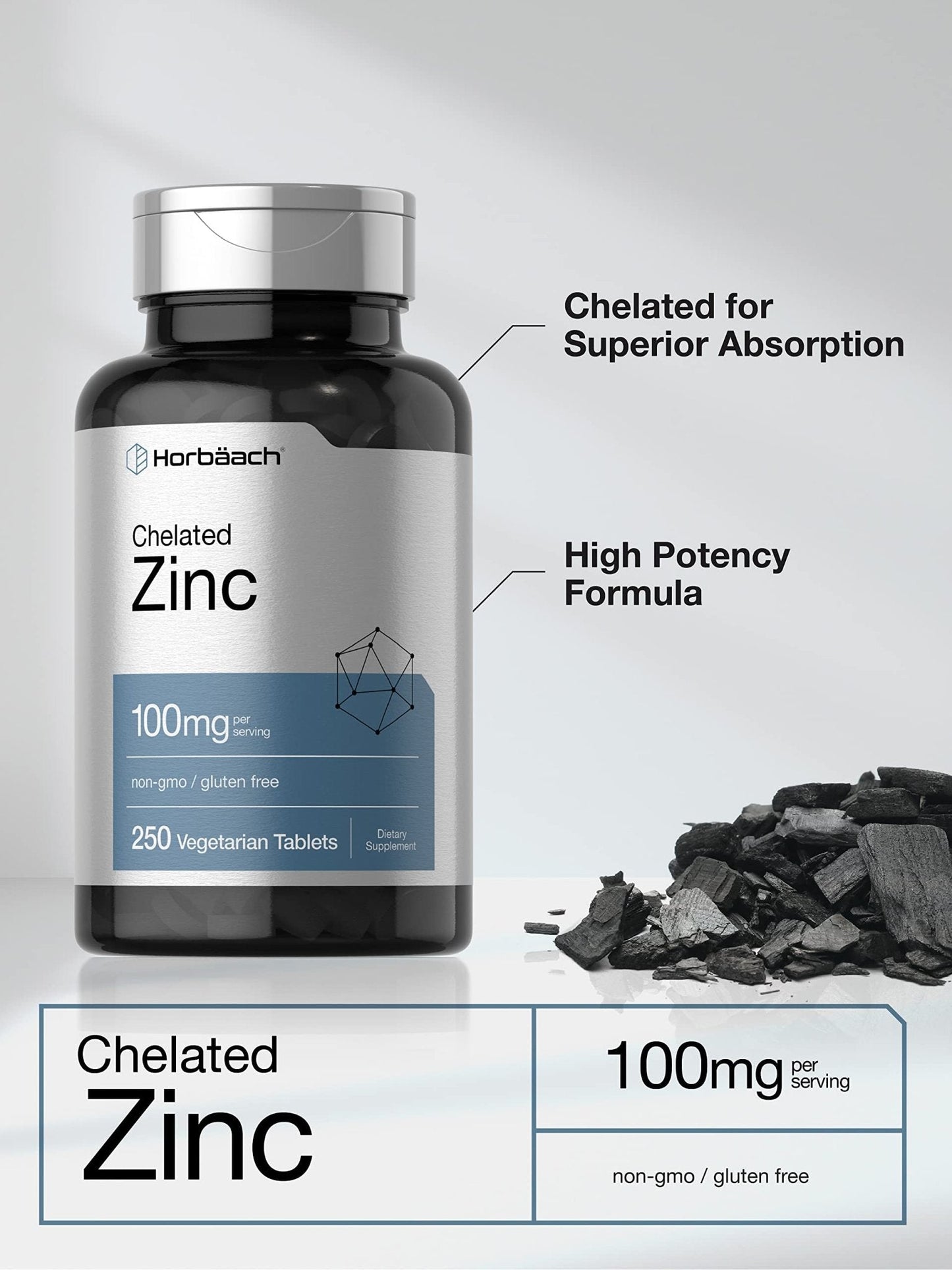Horbäach Chelated Zinc Supplement 100mg | 250 Tablets | High Potency & Superior Absorption | Vegetarian, Non-GMO, Gluten Free - Maple Wellness Supplements