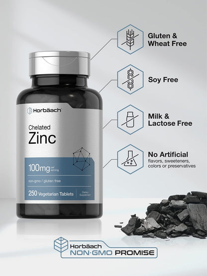 Horbäach Chelated Zinc Supplement 100mg | 250 Tablets | High Potency & Superior Absorption | Vegetarian, Non-GMO, Gluten Free - Maple Wellness Supplements
