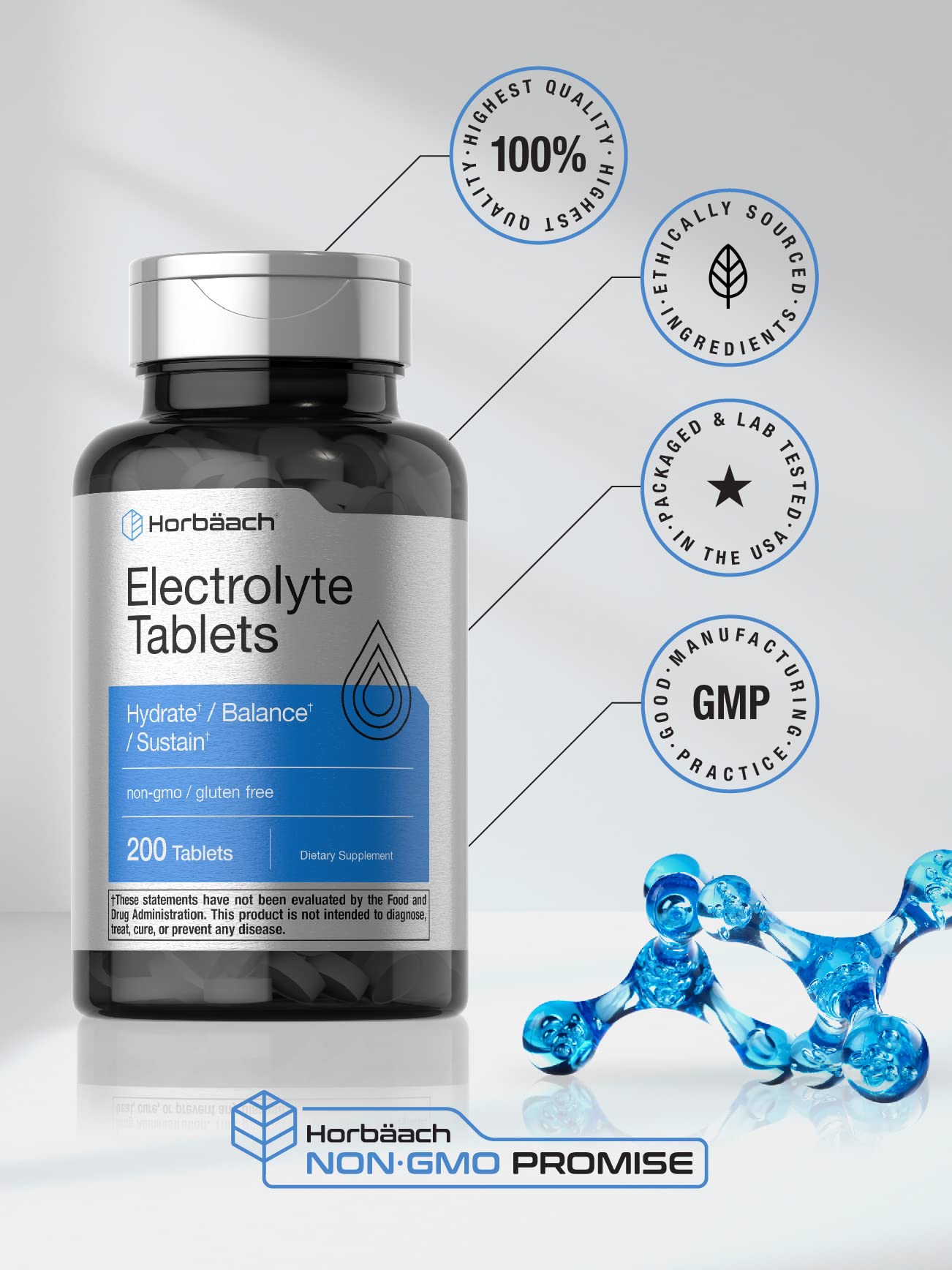 Horbäach Electrolyte Tablets | 200 Count | Helps Hydrate, Balance, & Sustain | with Calcium, Magnesium, Chloride, Sodium and Potassium | Vegetarian, Non-GMO & Gluten Free - Maple Wellness Supplements