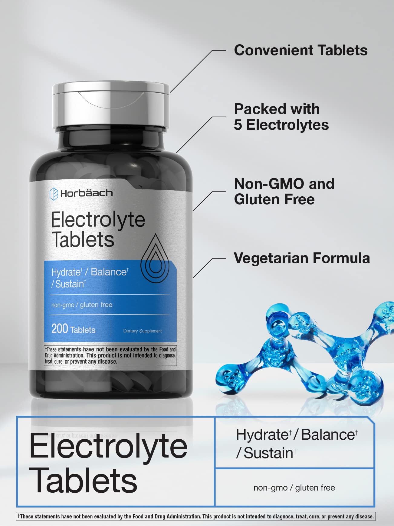 Horbäach Electrolyte Tablets | 200 Count | Helps Hydrate, Balance, & Sustain | with Calcium, Magnesium, Chloride, Sodium and Potassium | Vegetarian, Non-GMO & Gluten Free - Maple Wellness Supplements