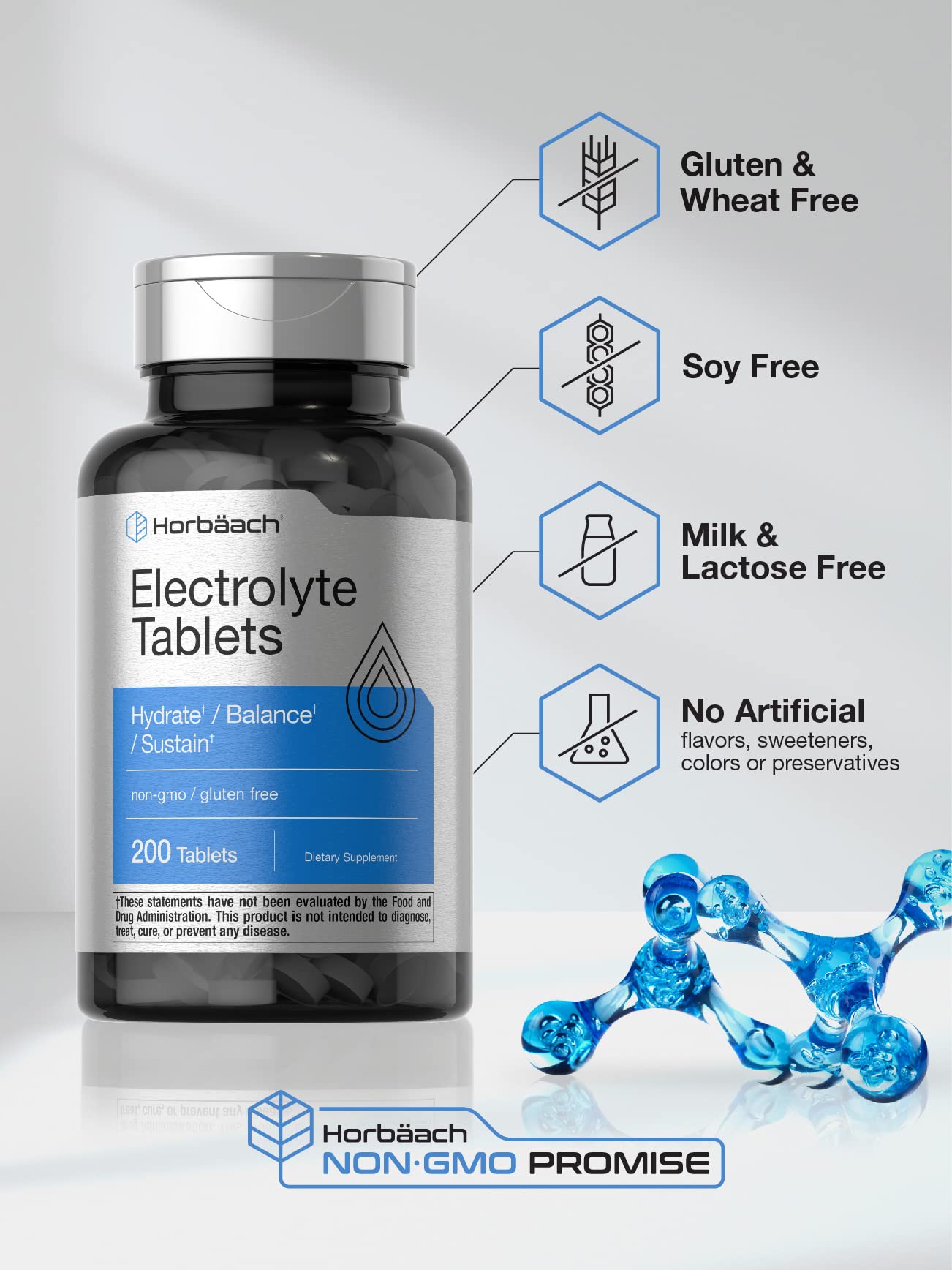 Horbäach Electrolyte Tablets | 200 Count | Helps Hydrate, Balance, & Sustain | with Calcium, Magnesium, Chloride, Sodium and Potassium | Vegetarian, Non-GMO & Gluten Free - Maple Wellness Supplements