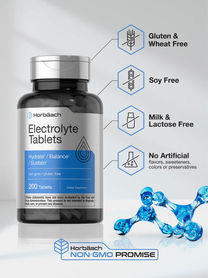 Horbäach Electrolyte Tablets | 200 Count | Helps Hydrate, Balance, & Sustain | with Calcium, Magnesium, Chloride, Sodium and Potassium | Vegetarian, Non-GMO & Gluten Free - Maple Wellness Supplements