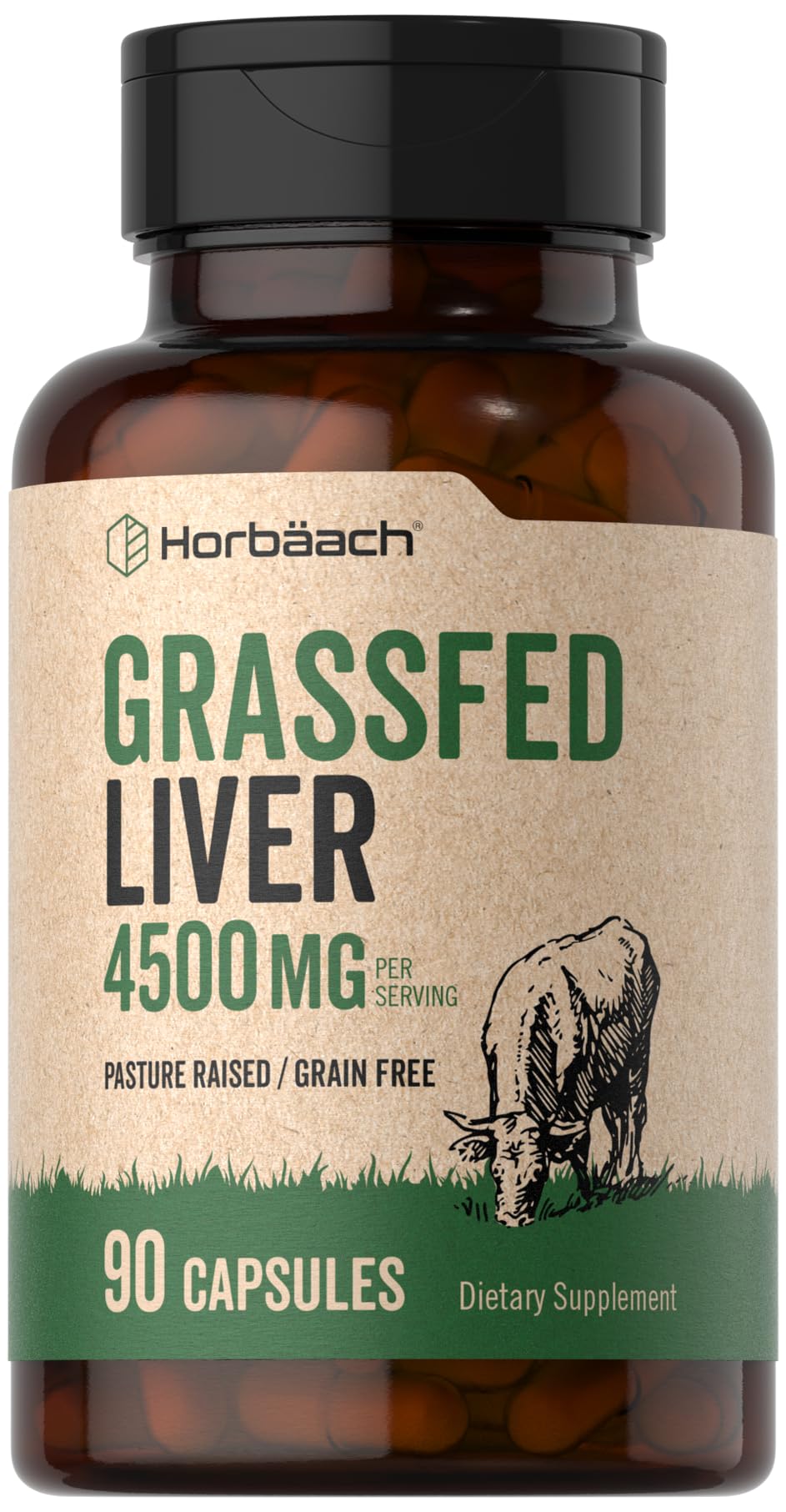 Horbäach Grass Fed Beef Liver | 4500mg | 90 Capsules | Desiccated, Pasture Raised, Grain Free, Non-GMO Supplement - Maple Wellness Supplements