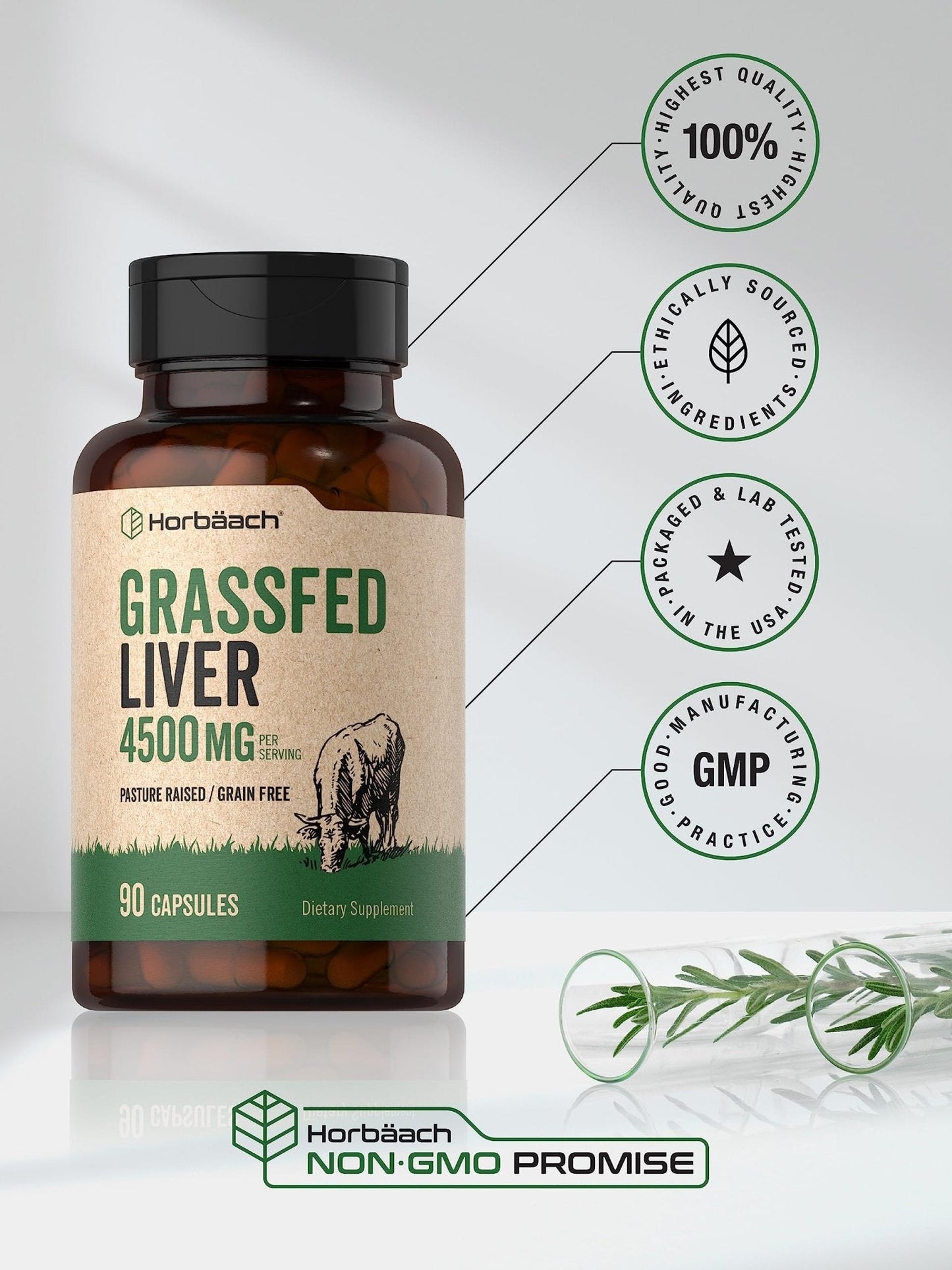 Horbäach Grass Fed Beef Liver | 4500mg | 90 Capsules | Desiccated, Pasture Raised, Grain Free, Non-GMO Supplement - Maple Wellness Supplements