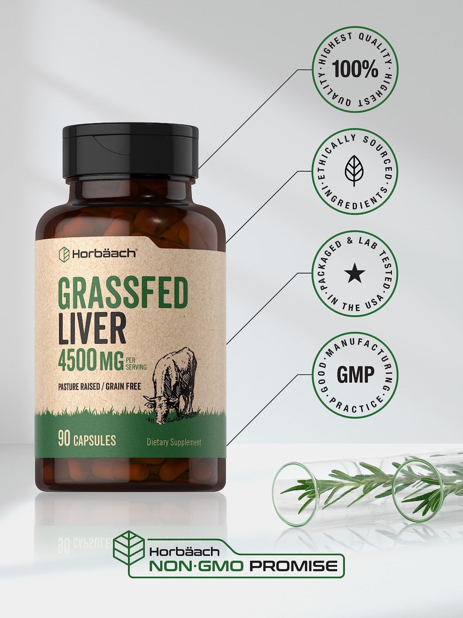 Horbäach Grass Fed Beef Liver | 4500mg | 90 Capsules | Desiccated, Pasture Raised, Grain Free, Non-GMO Supplement - Maple Wellness Supplements