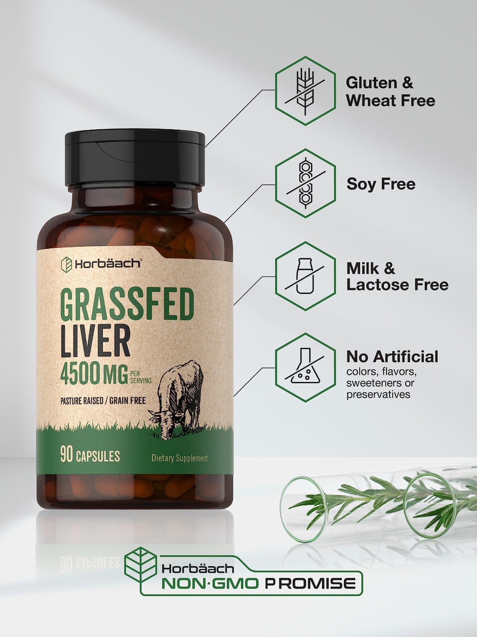 Horbäach Grass Fed Beef Liver | 4500mg | 90 Capsules | Desiccated, Pasture Raised, Grain Free, Non-GMO Supplement - Maple Wellness Supplements