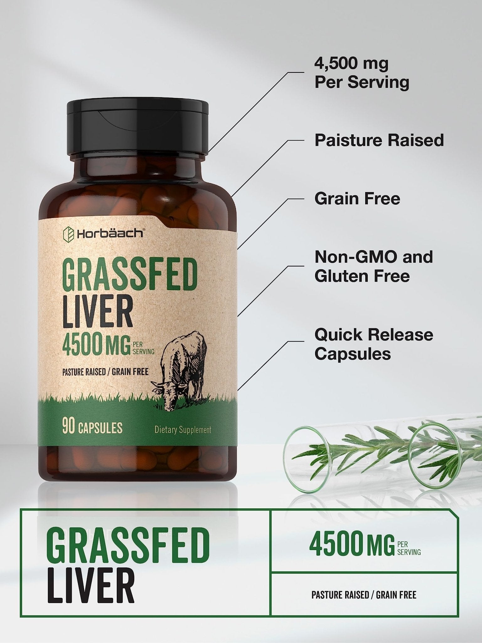 Horbäach Grass Fed Beef Liver | 4500mg | 90 Capsules | Desiccated, Pasture Raised, Grain Free, Non-GMO Supplement - Maple Wellness Supplements