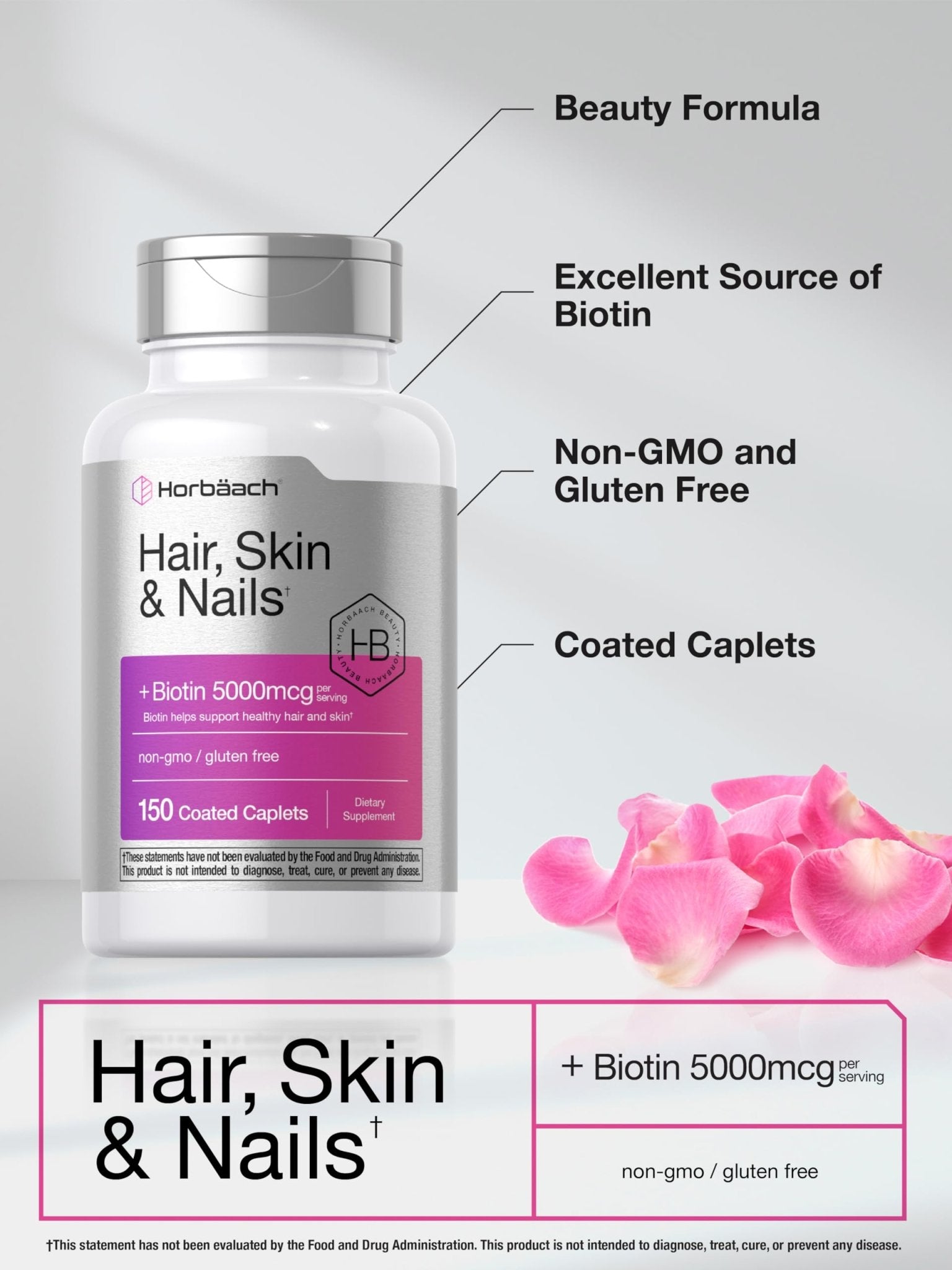 Horbäach Hair Skin and Nails Vitamins | 150 Caplets | with Biotin and Collagen | Supplement for Women and Men | Non-GMO, Gluten Free - Maple Wellness Supplements
