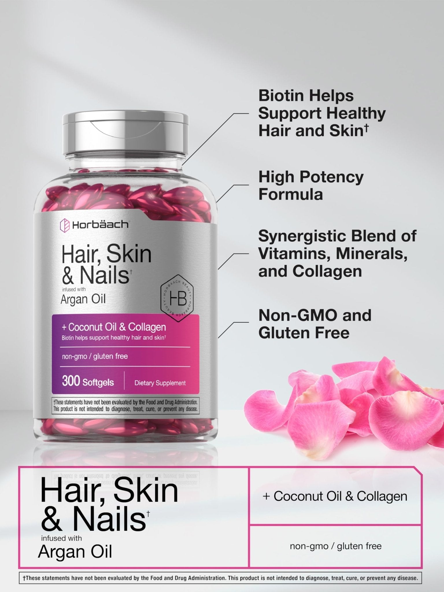 Horbäach Hair Skin and Nails Vitamins | 300 Softgels | with Biotin and Collagen | Infused with Argan Oil and Coconut Oil - Maple Wellness Supplements