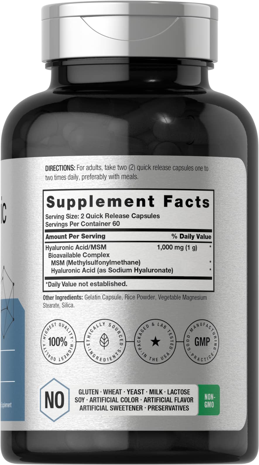 Horbäach Hyaluronic Acid with MSM | 1000 mg | 120 Capsules | Non-GMO and Gluten Free Supplement | Bioavailable Formula - Maple Wellness Supplements