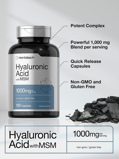 Horbäach Hyaluronic Acid with MSM | 1000 mg | 120 Capsules | Non-GMO and Gluten Free Supplement | Bioavailable Formula - Maple Wellness Supplements